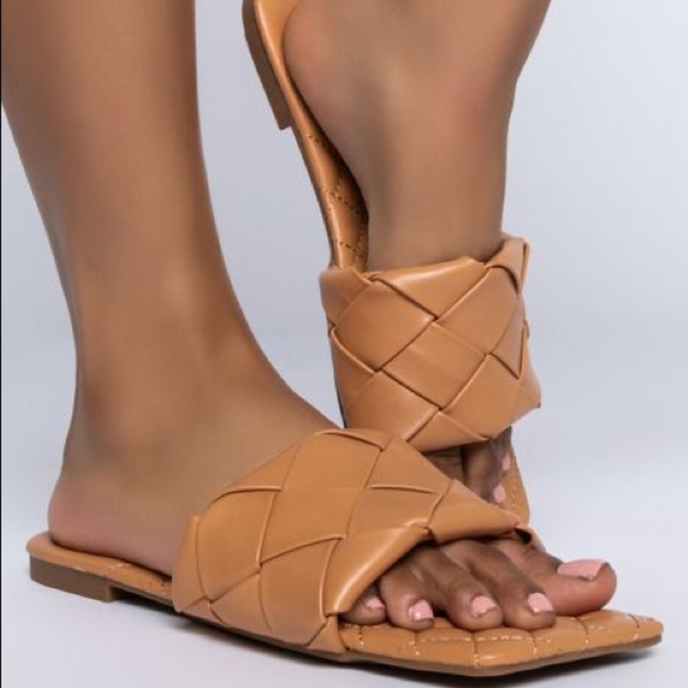 Tan Vegan Leather Woven Square Toe Flat Sandals